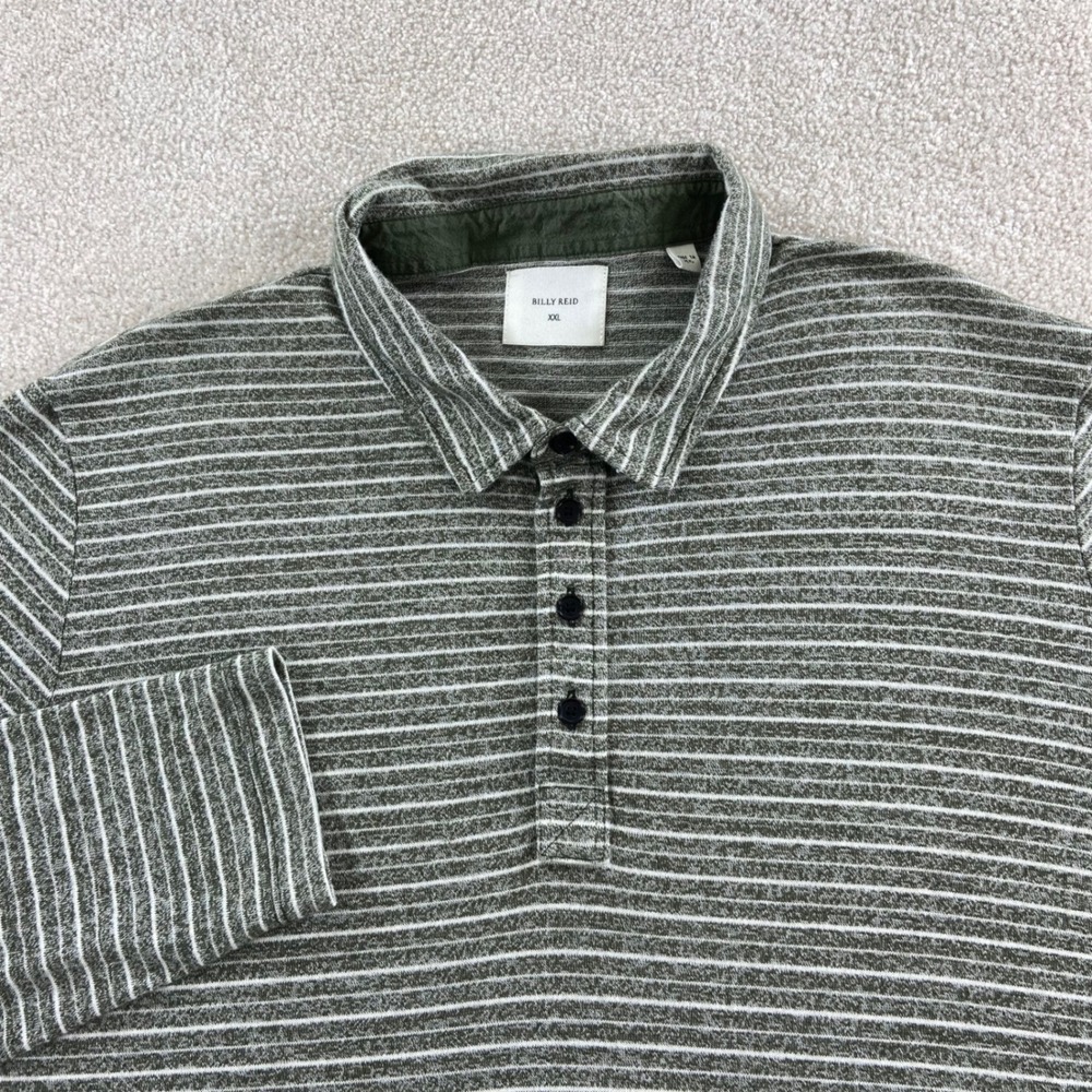 Billy Reid Polo Shirt Mens XXL Green Striped Long Sleeve Cotton Blend Knit